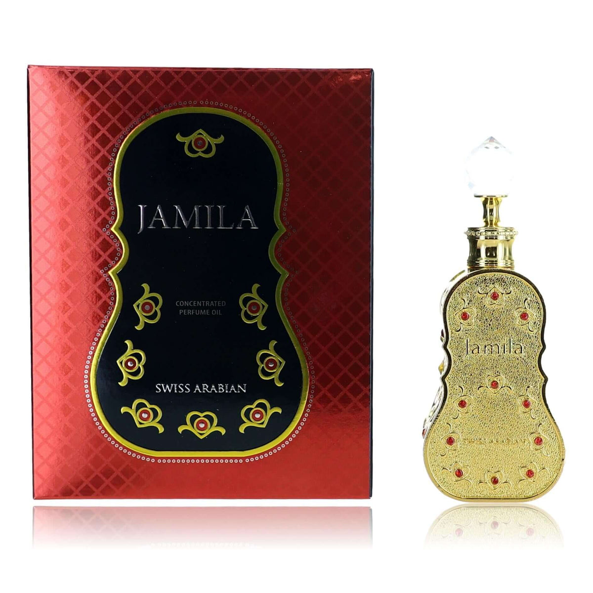 Jamila concentrated perfume oil set: red box and gold bottle with ornate cap