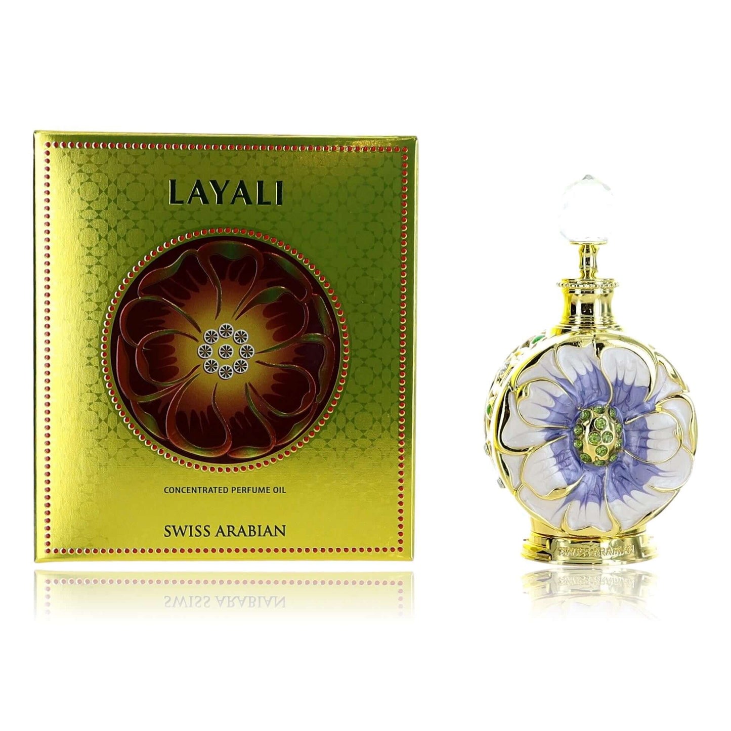 Concentrated perfume oil by Swiss Arabian, Layali, in box and glass bottle, floral design