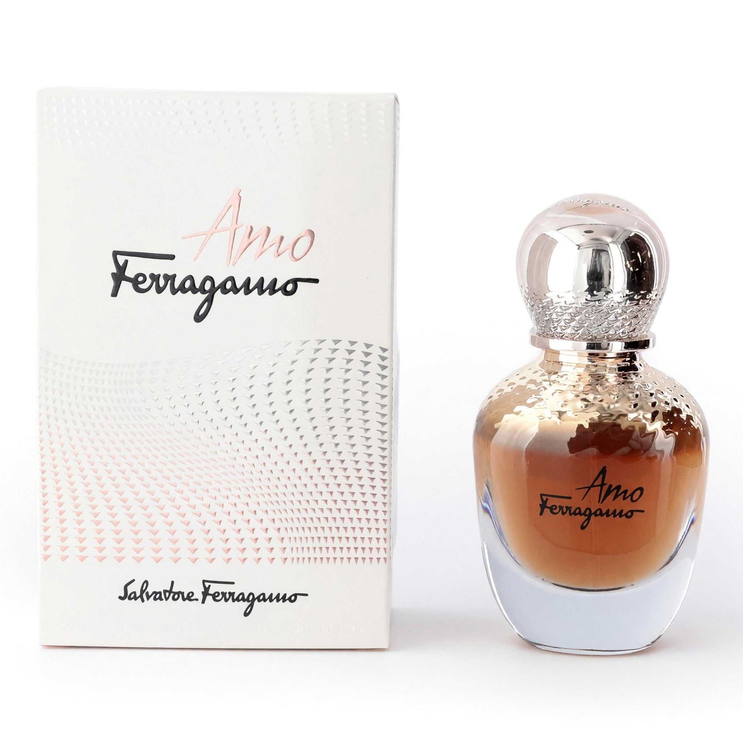 Amo Ferragamo women’s EDP spray with glass bottle and box, rose-gold liquid