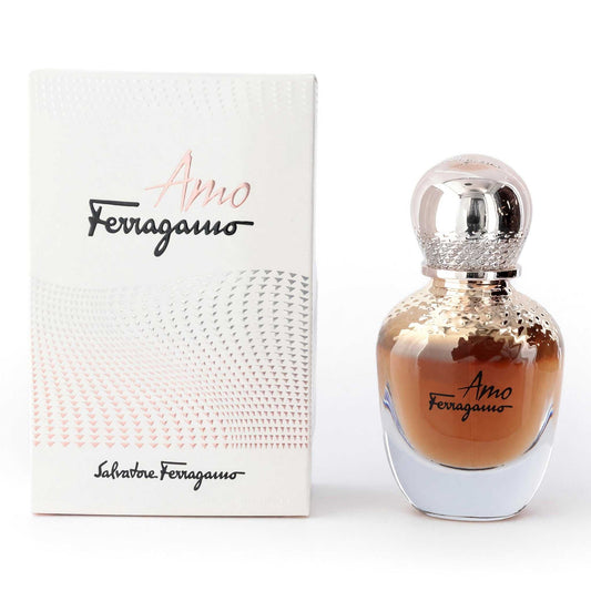 Amo Ferragamo women’s EDP spray with glass bottle and box, rose-gold liquid