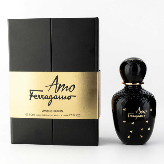 Limited edition Amo Ferragamo black EDP spray bottle with box, gold cap and logos