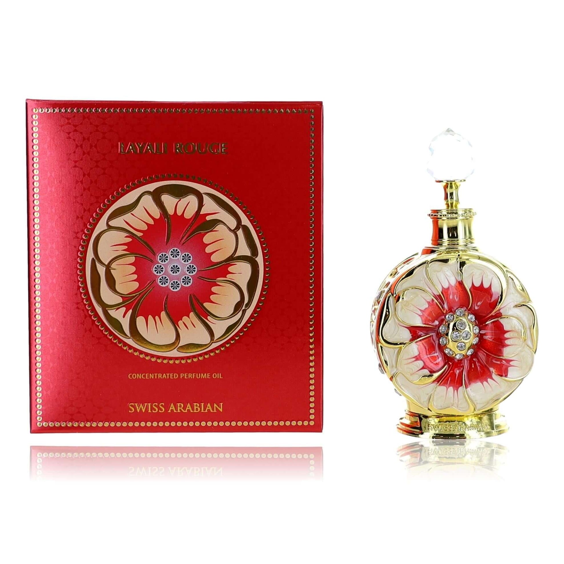 Concentrated perfume oil set: red floral box and round glass bottle with red flower