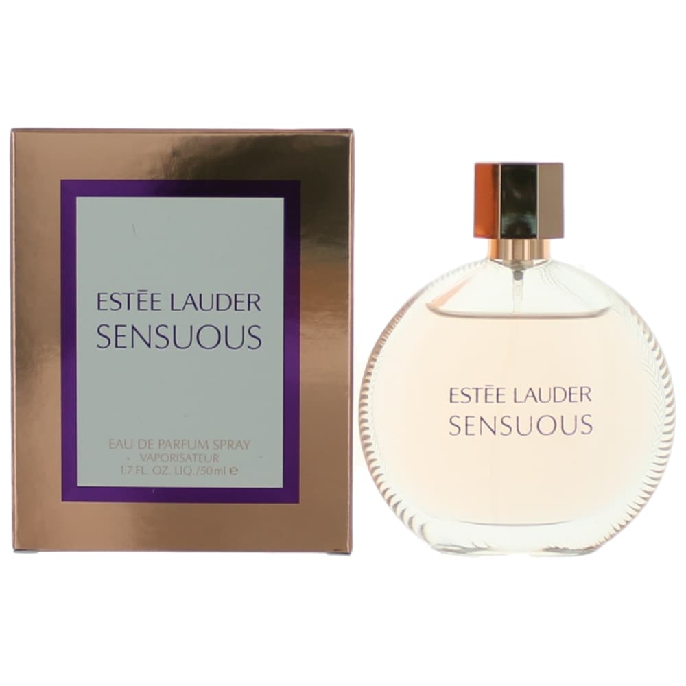 Women’s eau de parfum spray bottle with orange cap and matching Estee Lauder box