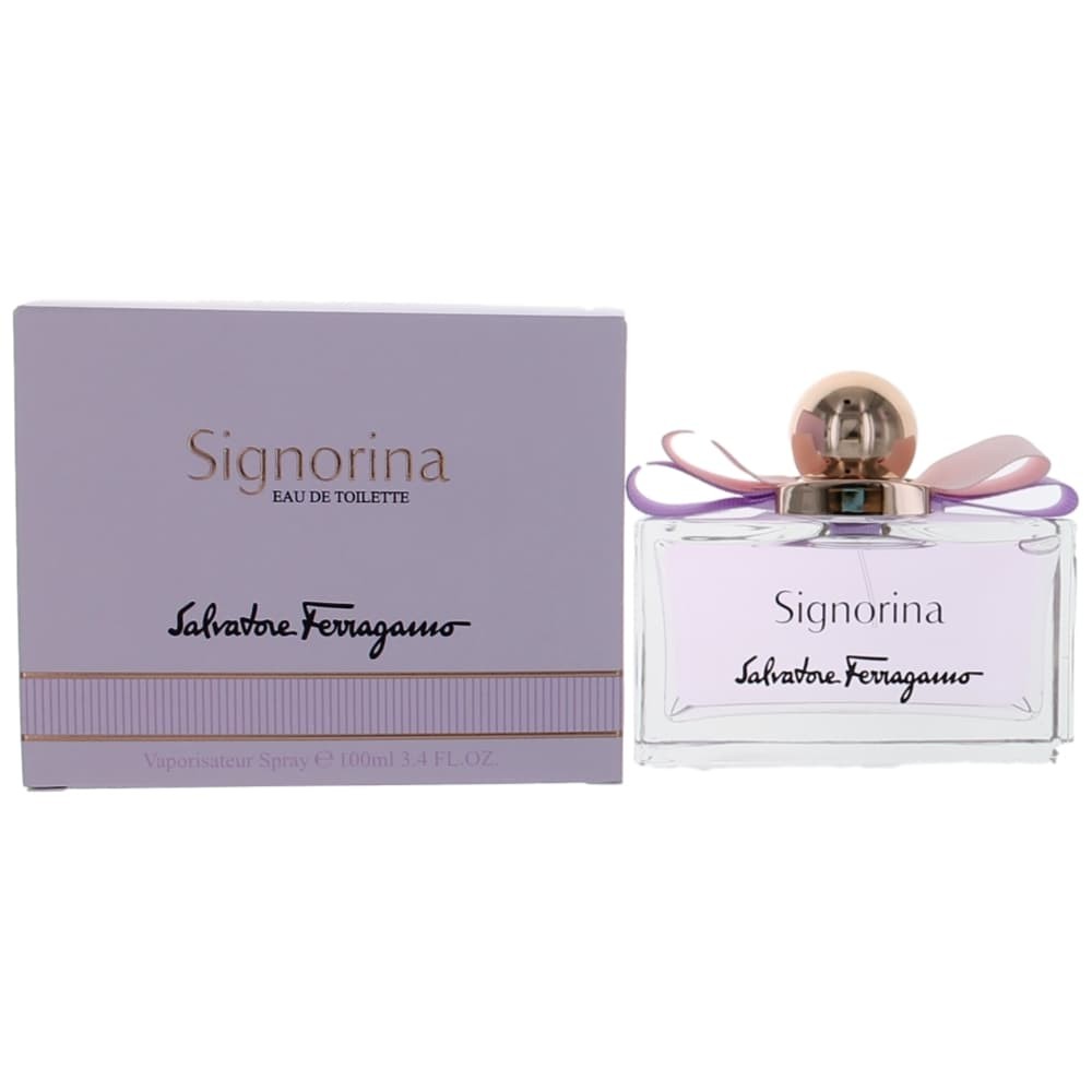 Women's Signorina EDT spray perfume bottle with lavender box and pink ribbon detail