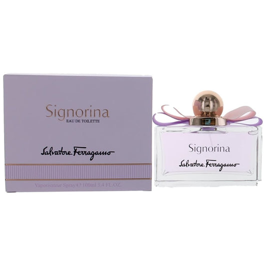 Women's Signorina EDT spray perfume bottle with lavender box and pink ribbon detail