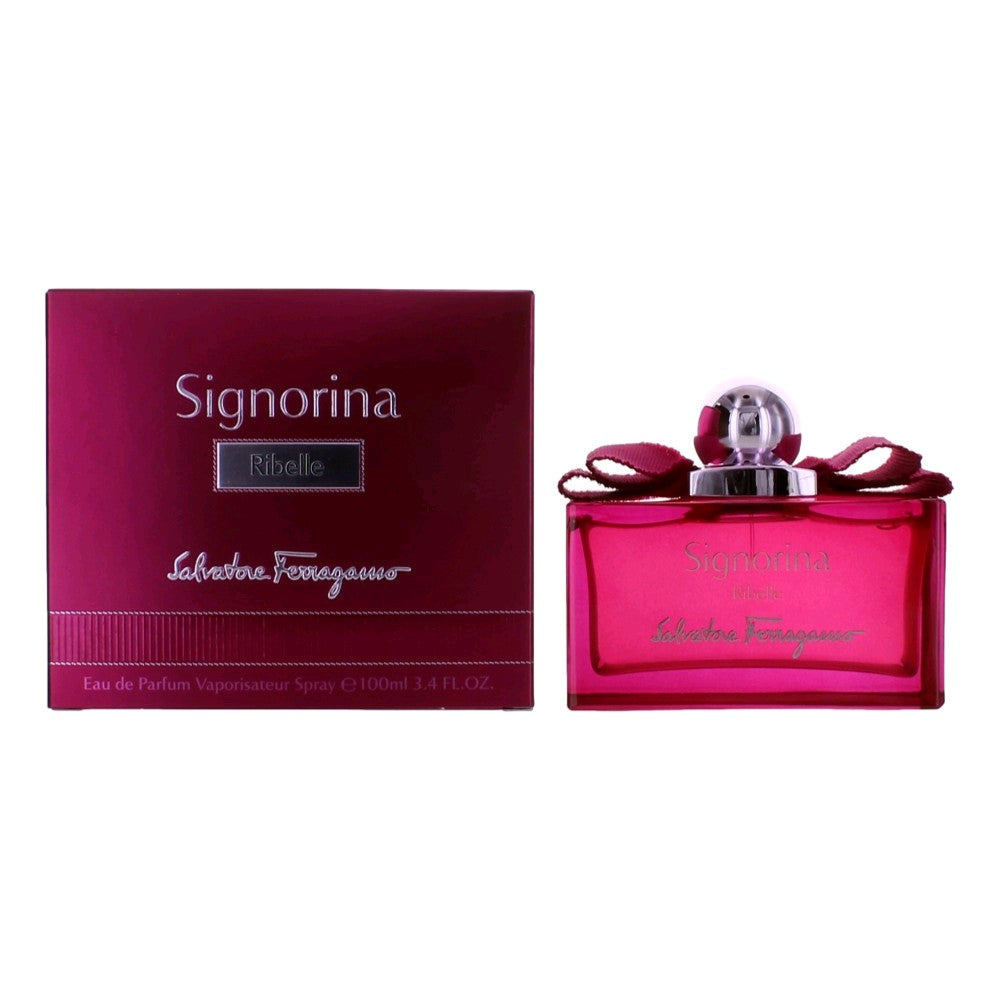 Women's perfume gift set with magenta box and bottle, spray cap