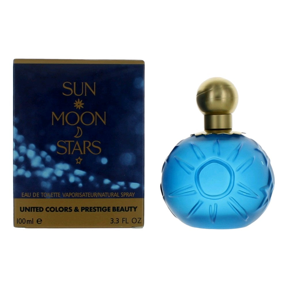 Blue perfume spray bottle with gold cap, with matching Sun Moon Stars box