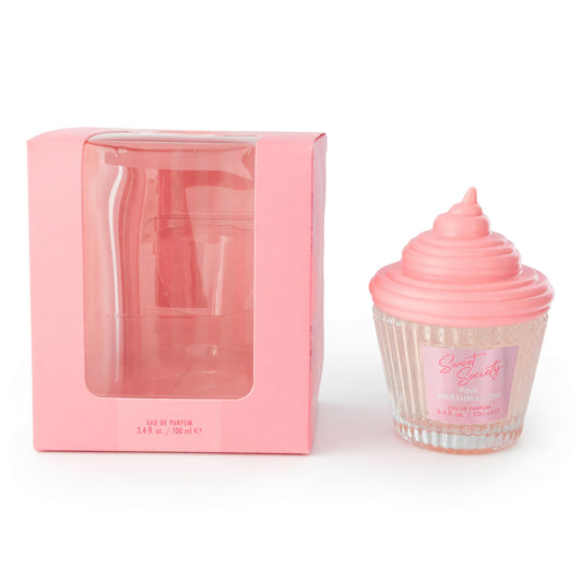 Pink marshmallow cupcake-shaped EDP spray bottle with matching pink gift box