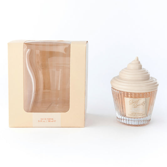 Women’s EDP spray perfume, whipped vanilla chai, cupcake-shaped bottle with box
