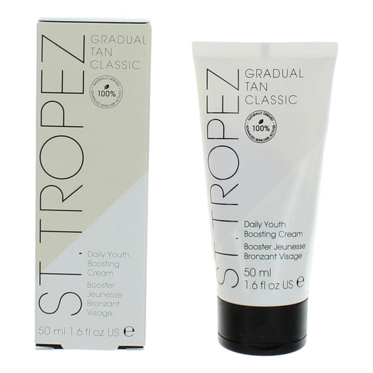 Gradual tan boosting cream tube and box, light beige and white