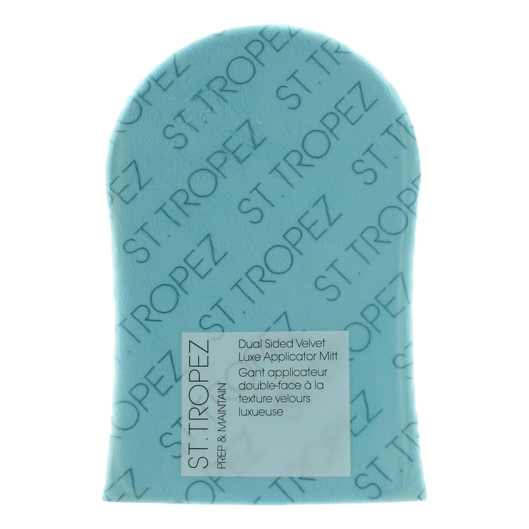 Teal dual-sided velvet applicator mitt with St. Tropez print