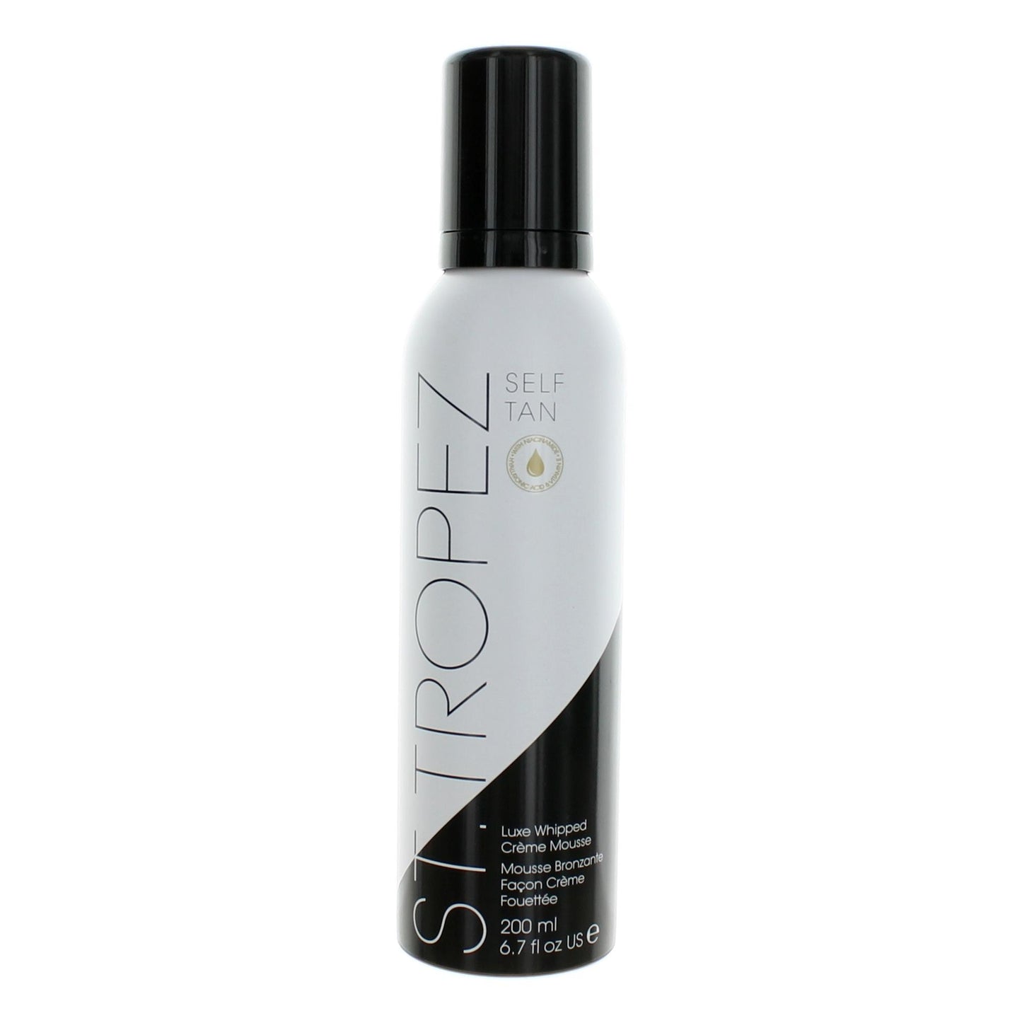 St. Tropez self tanner mousse bottle, white bottle with black cap, 6.7 oz