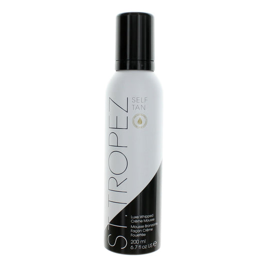 St. Tropez self tanner mousse bottle, white bottle with black cap, 6.7 oz