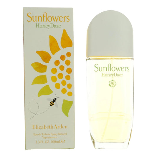 Sunflowers Honey Daze EDT spray bottle and box, clear bottle with pale yellow liquid