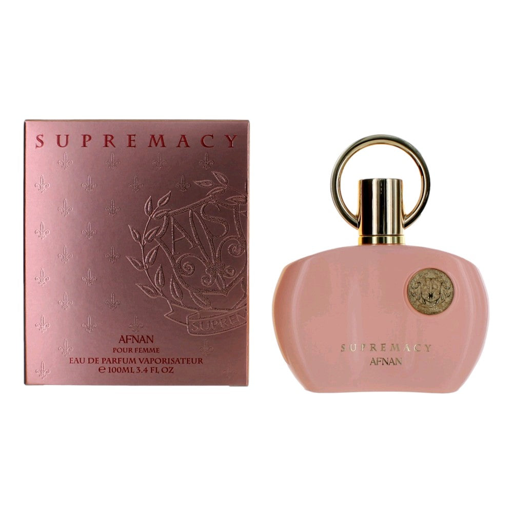 Women's pink perfume EDP spray bottle with gold cap and matching product box