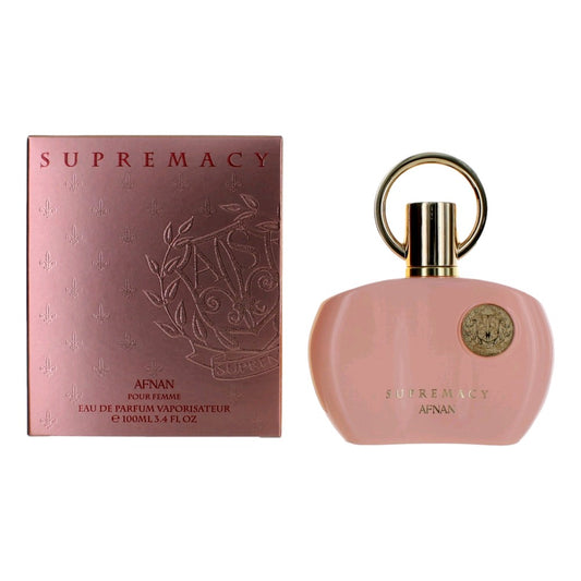Women's pink perfume EDP spray bottle with gold cap and matching product box