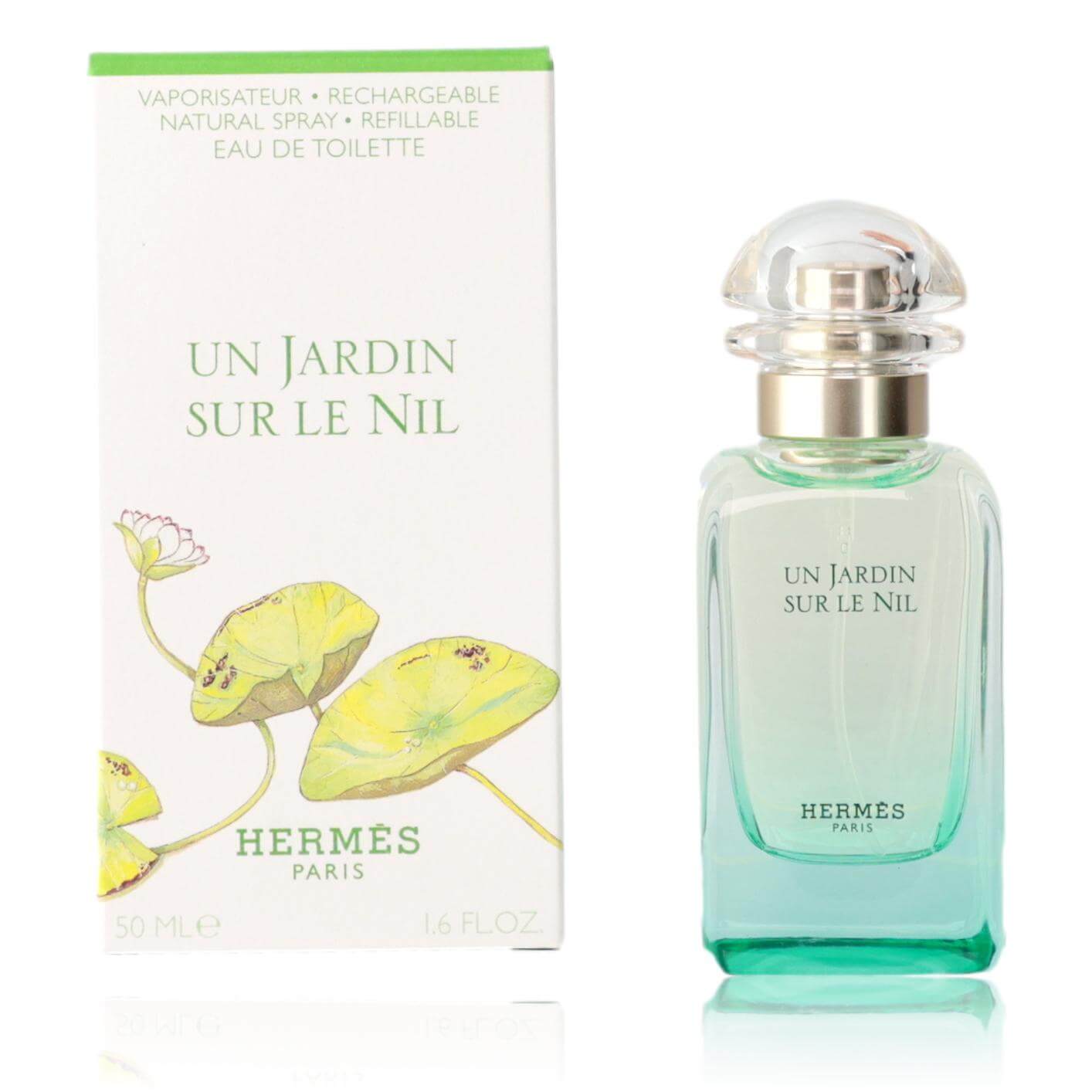 Hermès EDT bottle and box, clear glass with green tint, metal spray cap