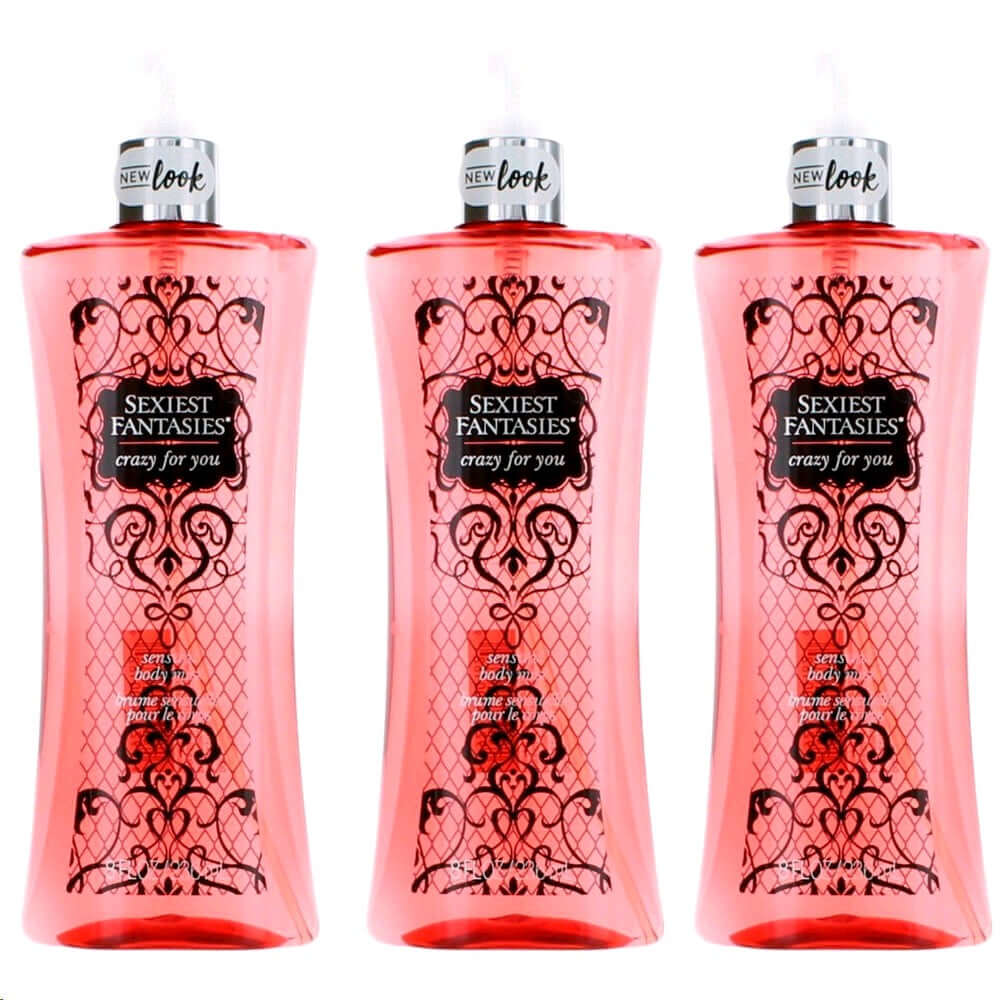 Women’s pink body mist bottles with black ornate label, three-pack