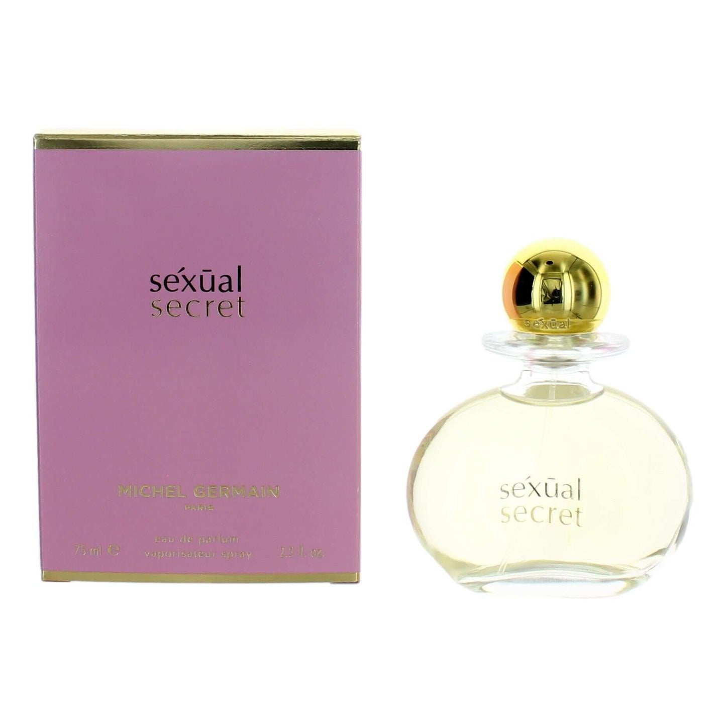 Women's eau de parfum spray set with glass bottle, gold cap, and purple product box