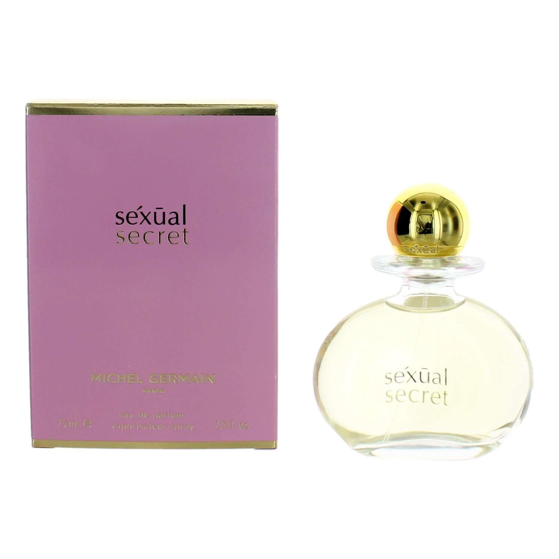Women's eau de parfum spray set with glass bottle, gold cap, and purple product box