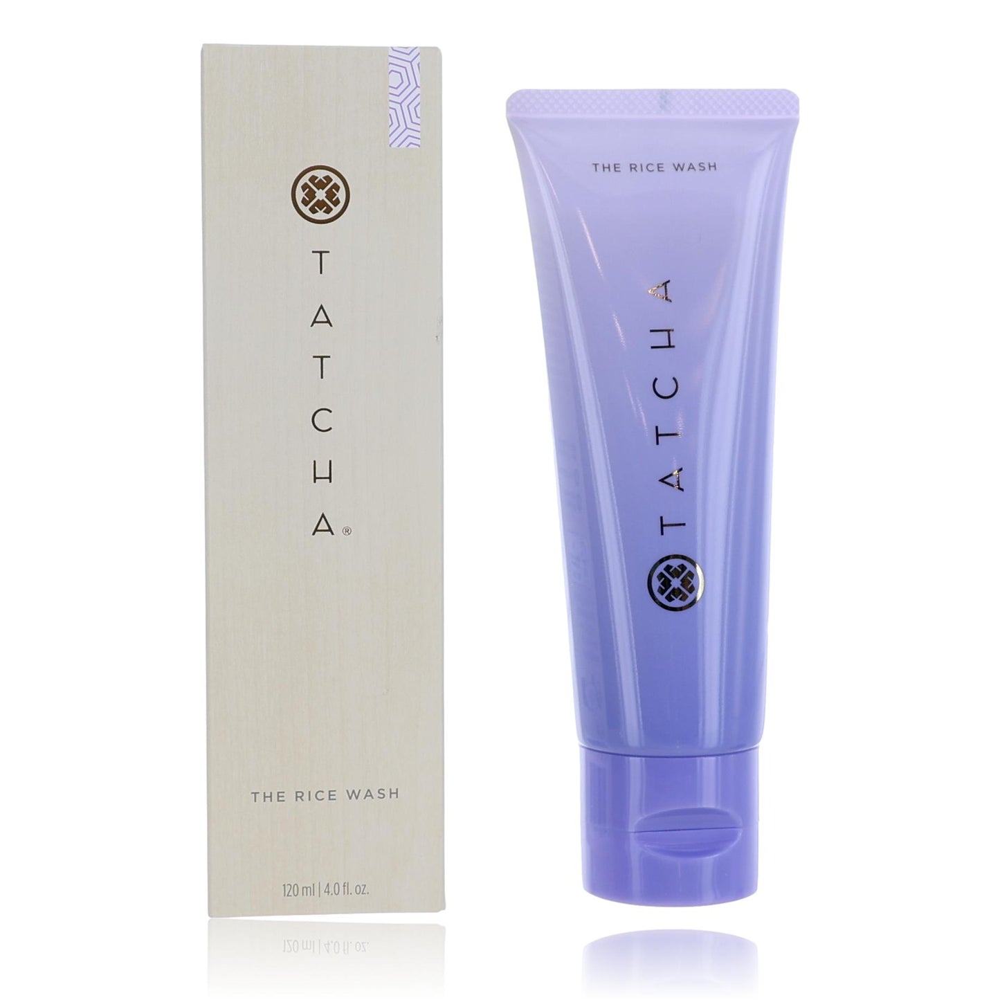 TATCHA The Rice Wash cleanser tube and carton, purple/white, 4 oz