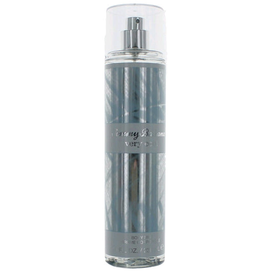 Women’s body mist spray bottle, clear with silver sprayer and blue-tinted liquid