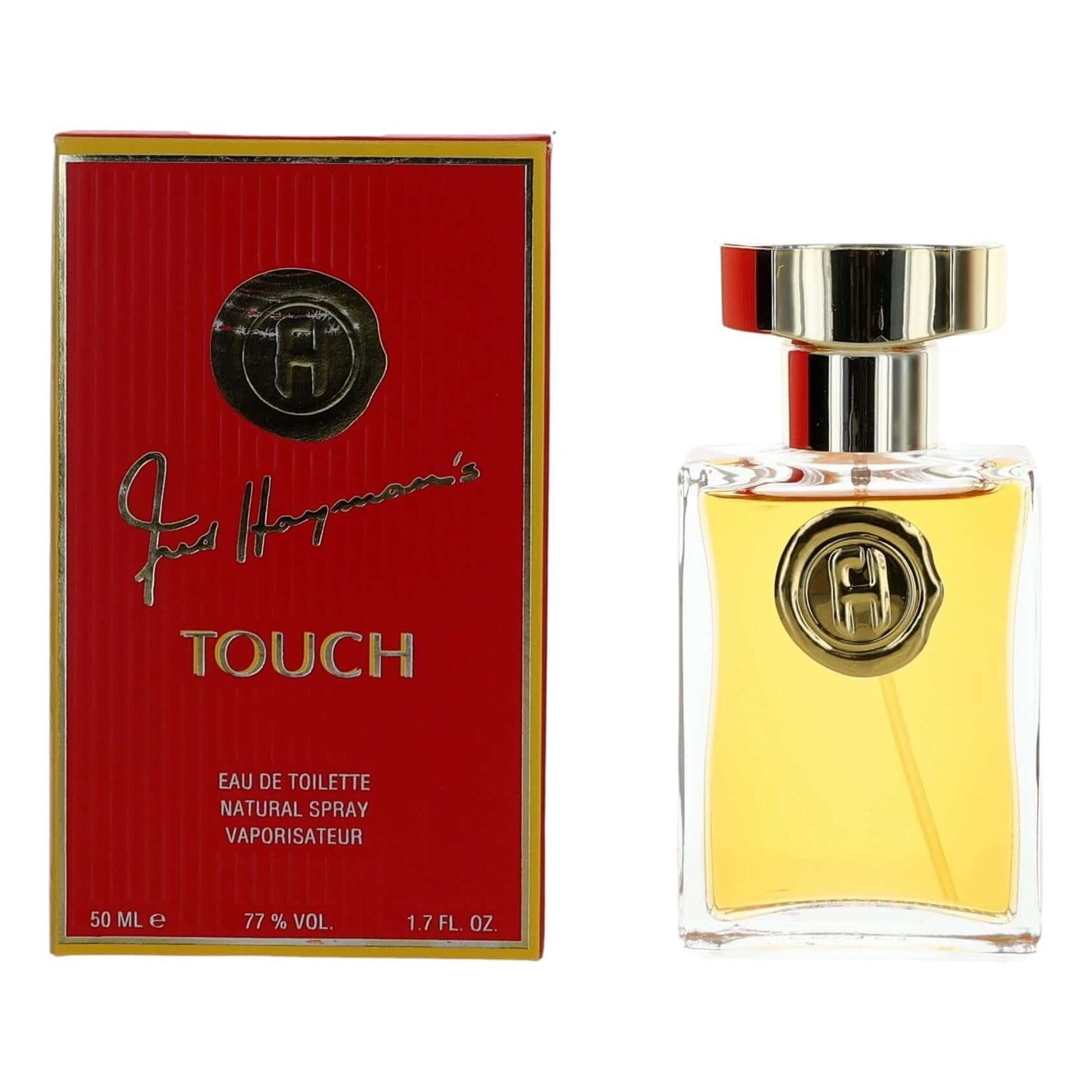 Touch by Fred Hayman women's EDT spray with clear bottle and gold cap, shown with red box