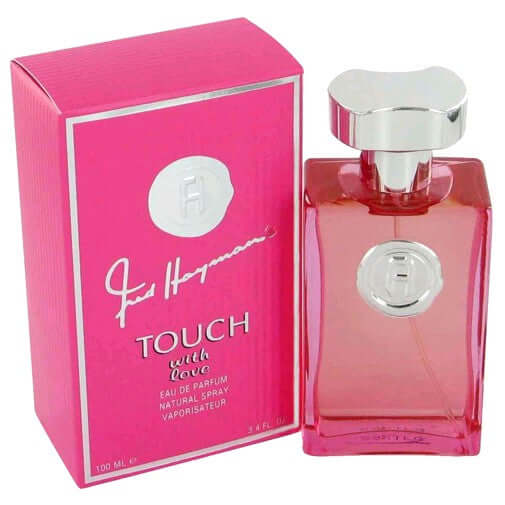 Women’s EDP spray perfume bottle, pink glass with silver cap and square shape