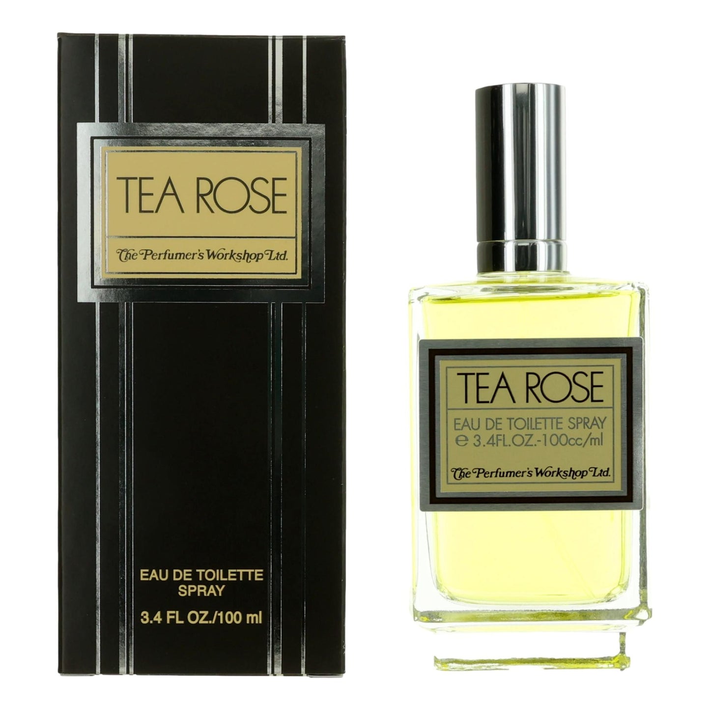 Women's EDT spray bottle with clear glass and Tea Rose label; boxed set