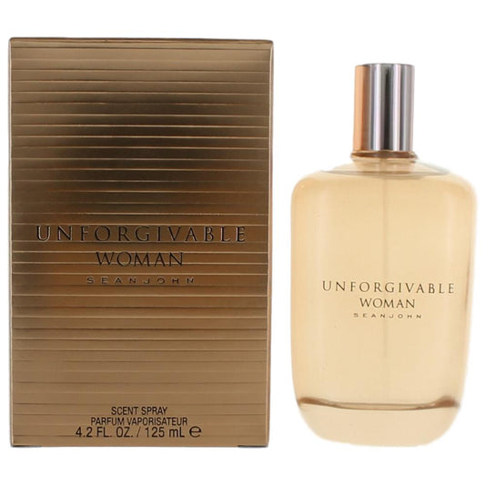 Women's parfum scent spray with frosted amber bottle and silver cap, shown with box.