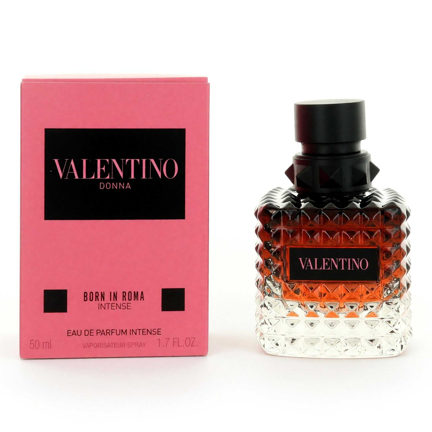 Valentino Donna Born in Roma Intense perfume bottle with black cap, amber spray and box