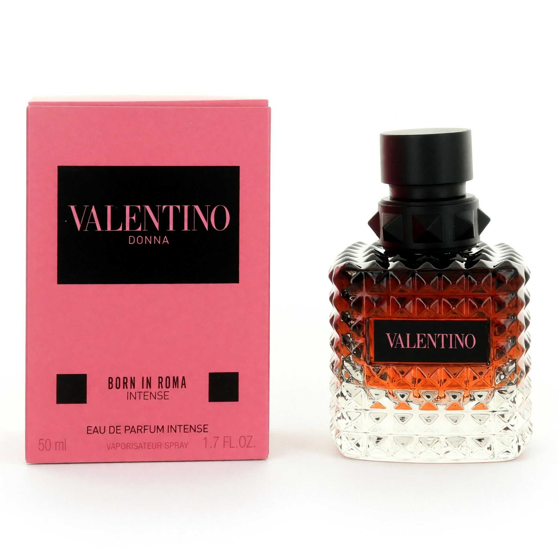 Valentino Donna Born in Roma Intense perfume bottle with black cap, amber spray and box