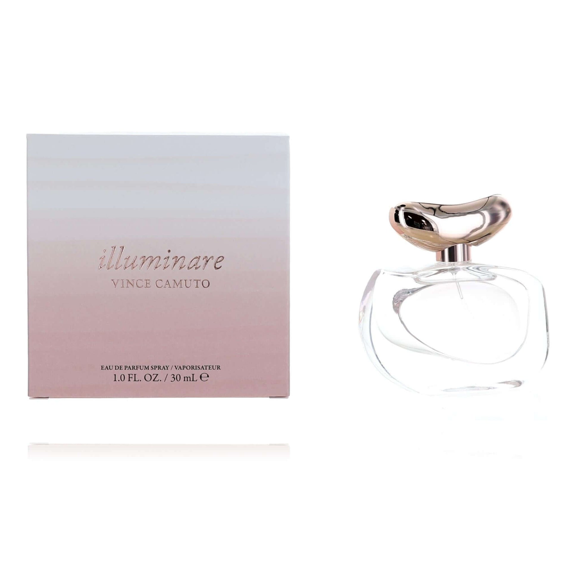Women's EDP perfume spray bottle with clear glass and rose-gold cap, plus matching box