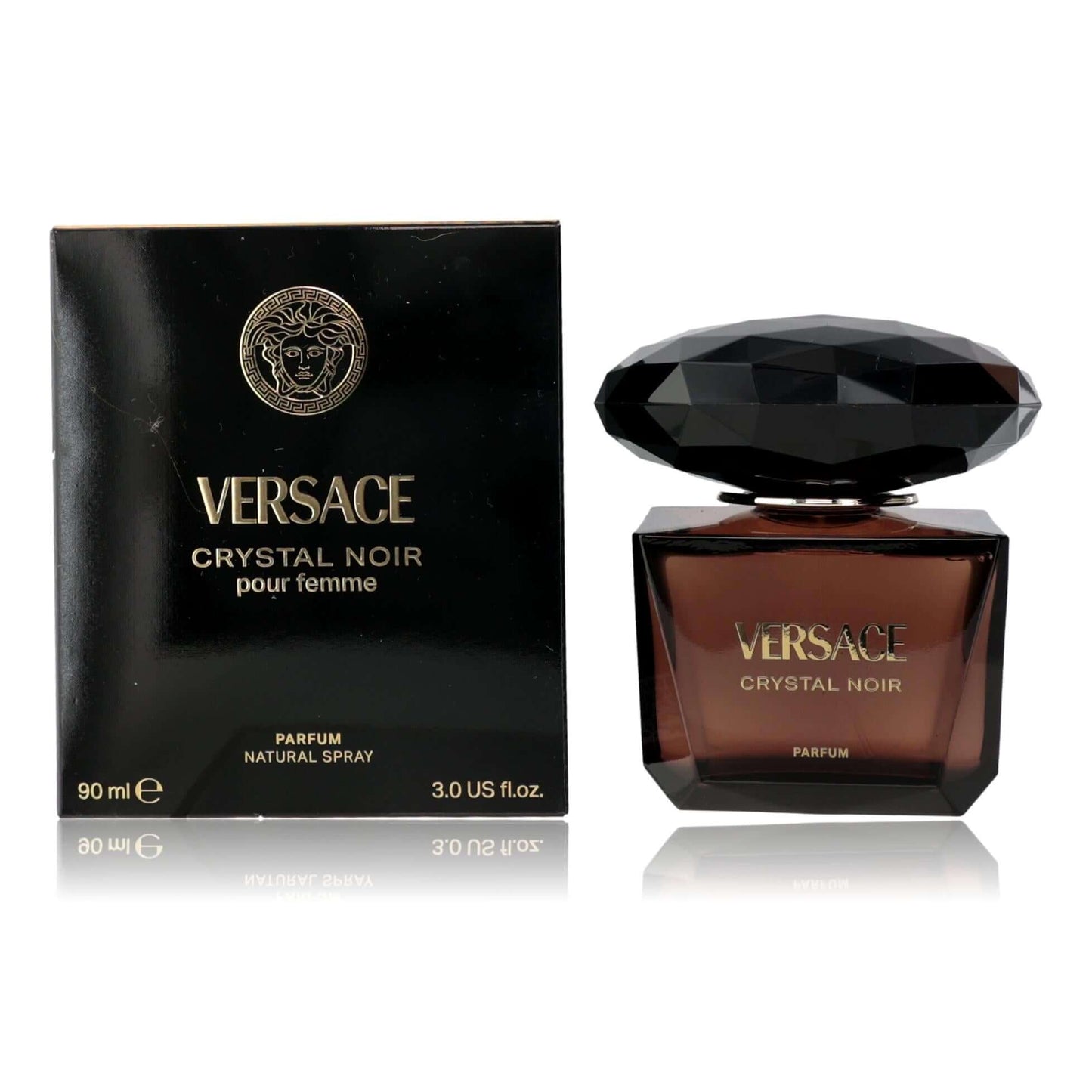 Women’s parfum spray bottle with faceted dark-glass cap and matching Versace Crystal Noir box