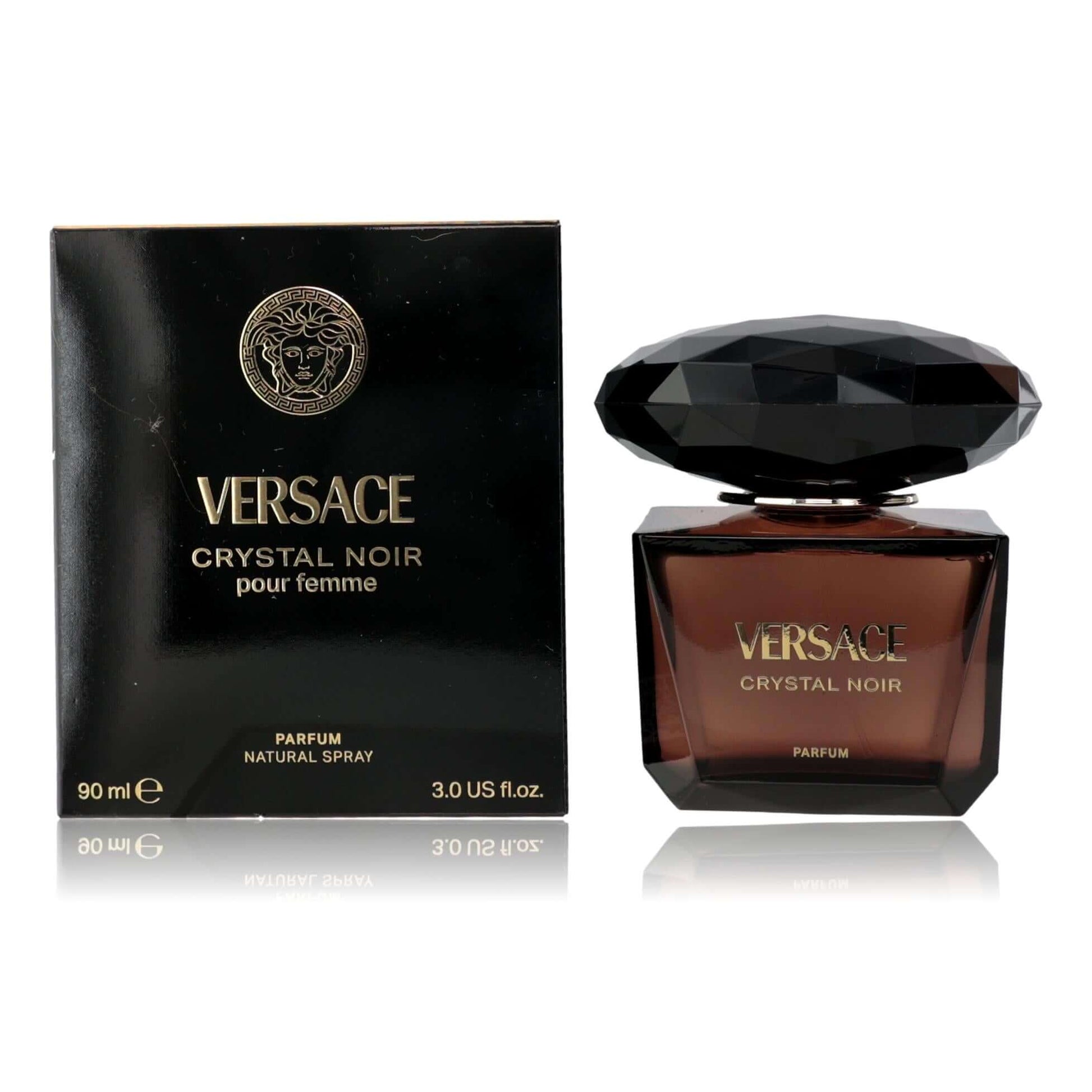 Women’s parfum spray bottle with faceted dark-glass cap and matching Versace Crystal Noir box