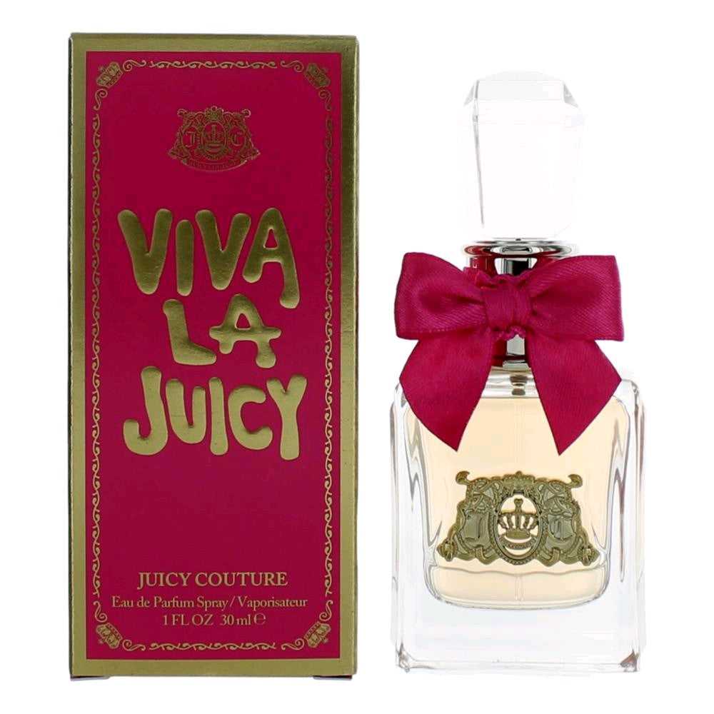 Women's Viva Juicy EDP spray bottle with magenta bow, shown with matching box