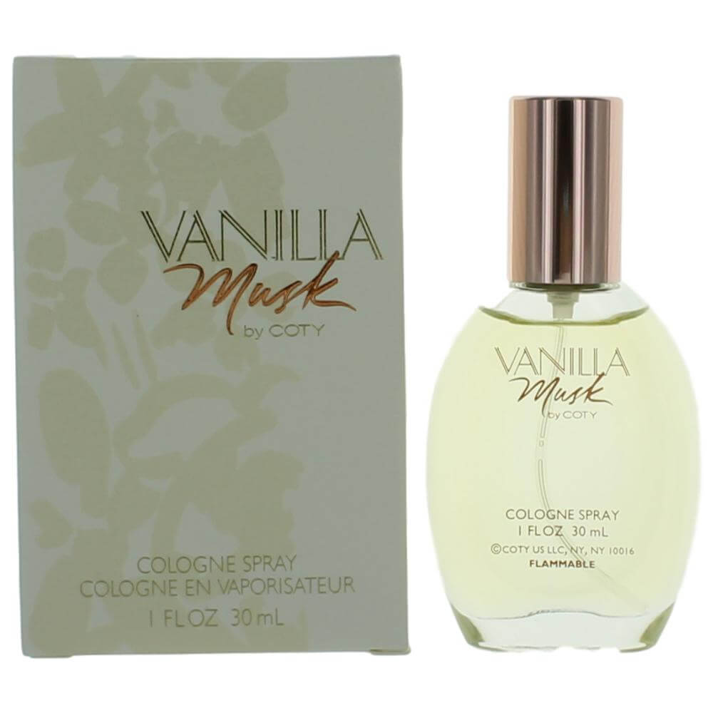 Vanilla Musk by Coty cologne spray bottle with rose-gold cap and matching box