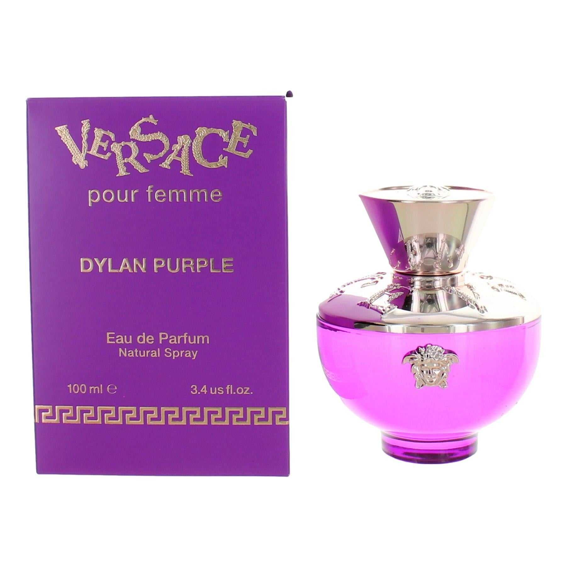 Women's eau de parfum spray bottle with purple liquid and purple retail box