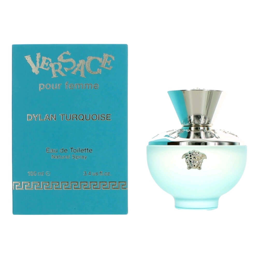 Versace Dylan Turquoise eau de toilette spray bottle with cap, and product box