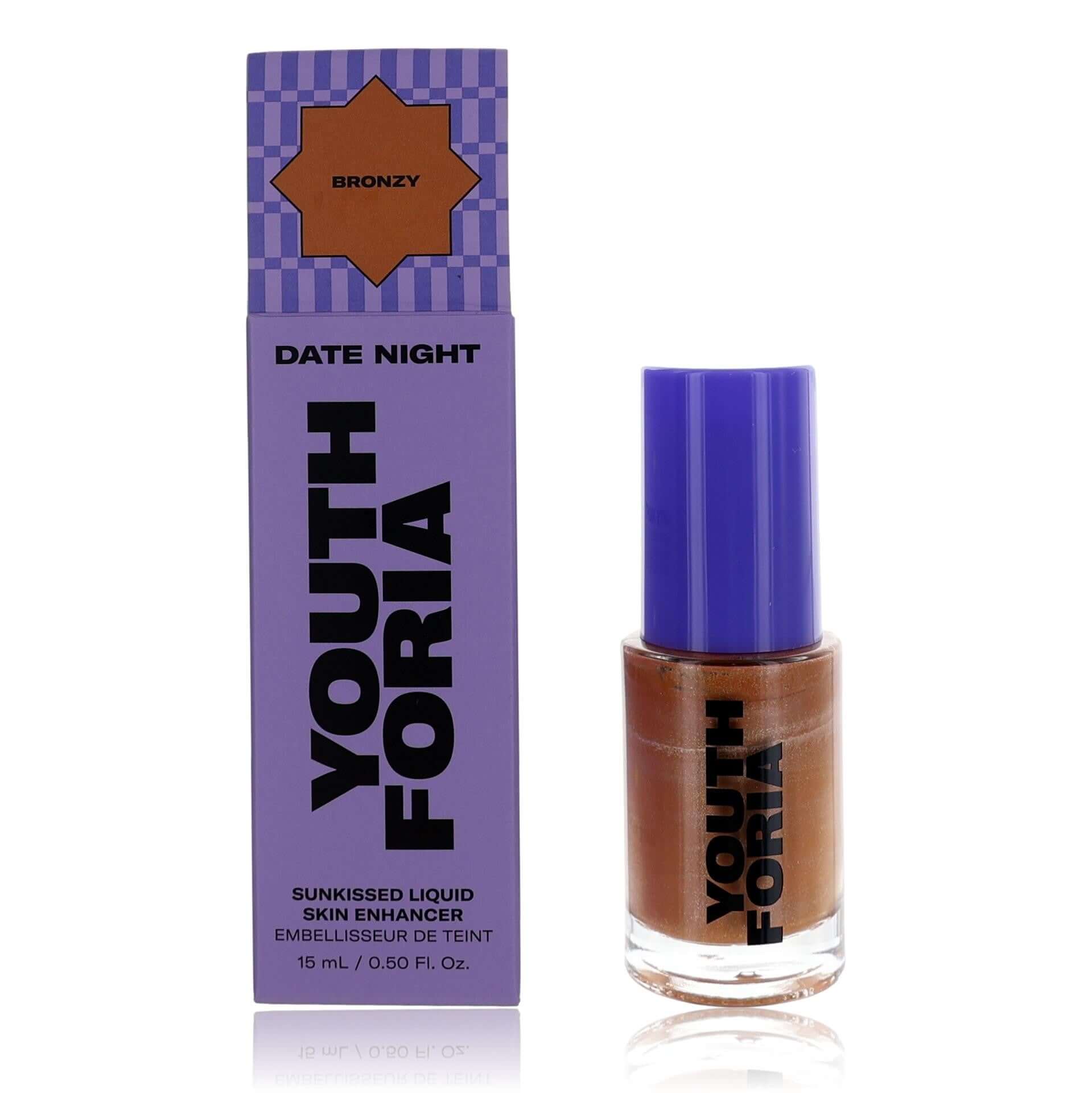 Bronzy liquid skin enhancer in small bottle with blue cap and label.