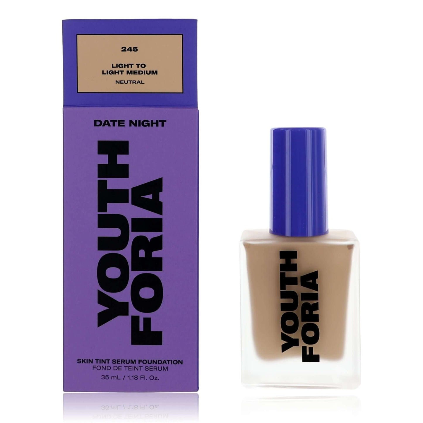 Youthforia Date Night skin tint serum foundation bottle, beige light-medium neutral