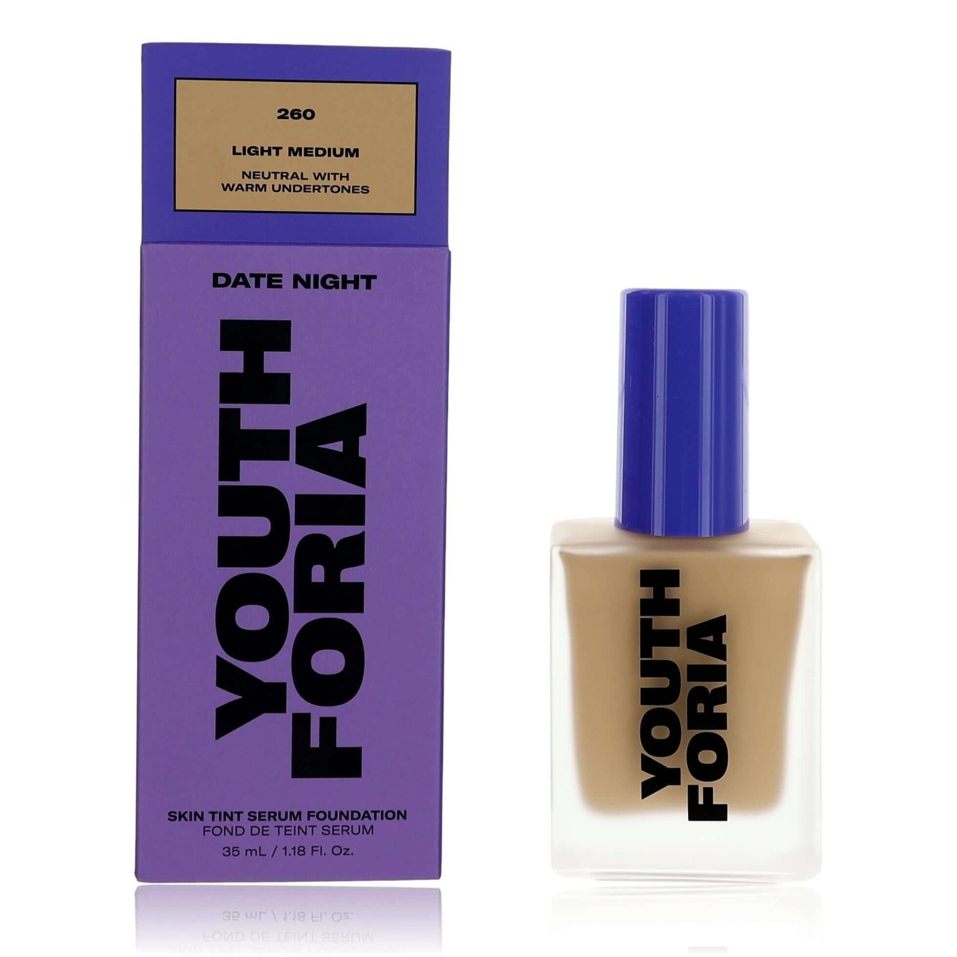 Youthforia Date Night skin tint serum foundation, 260 light medium bottle with cap