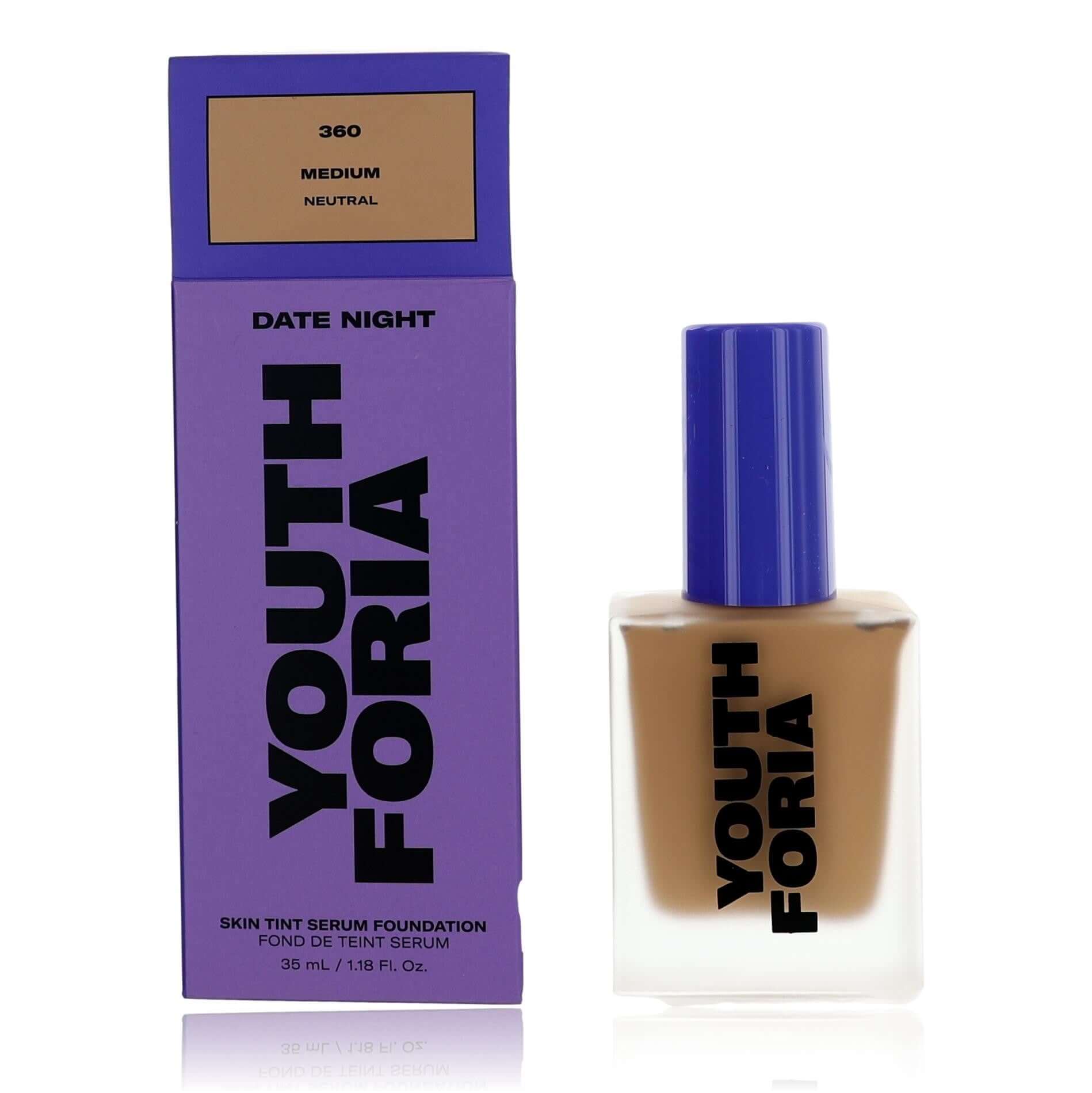 Youthforia Date Night skin tint serum foundation bottle with blue cap, medium neutral.