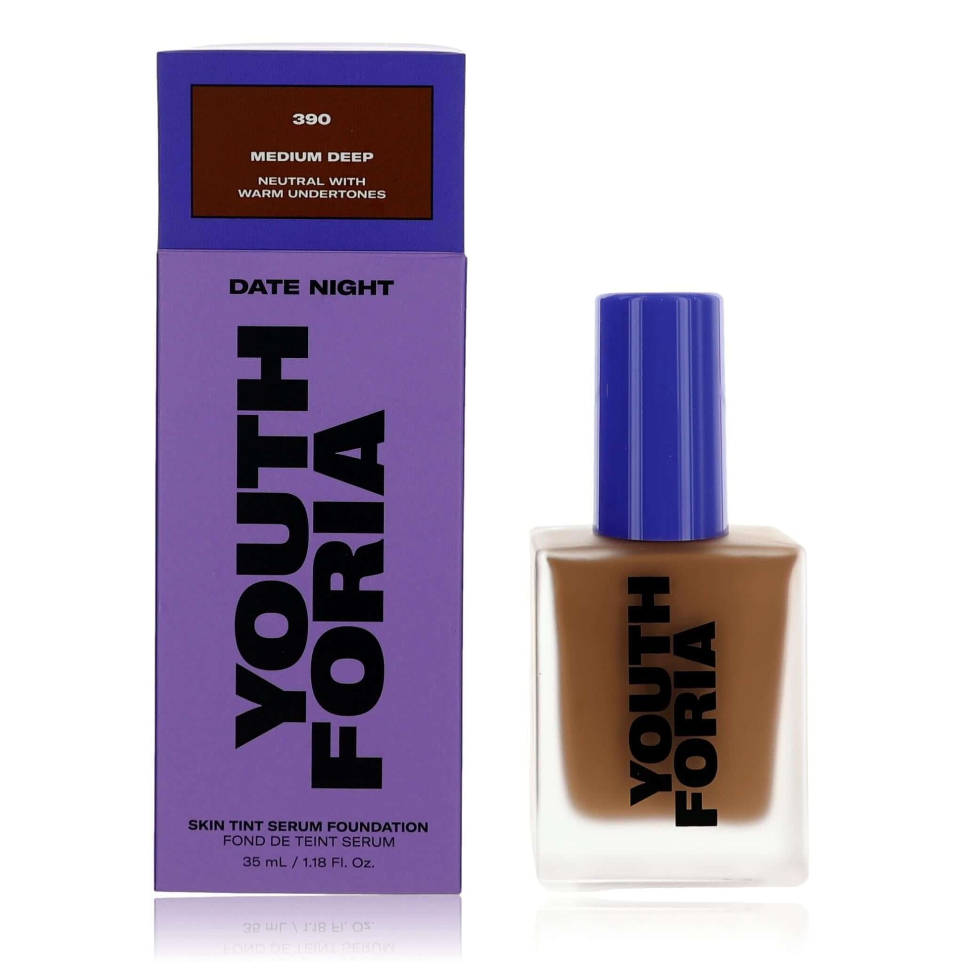 Medium Deep skin tint serum foundation in bottle with purple Date Night box