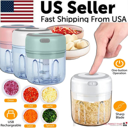 Mini electric garlic press and food chopper with mint top, clear bowl, and accessories