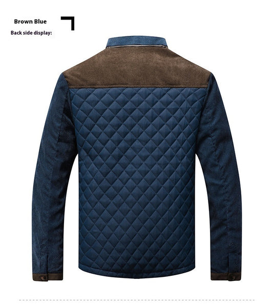 Quilted jacket with brown and blue color scheme on a white background