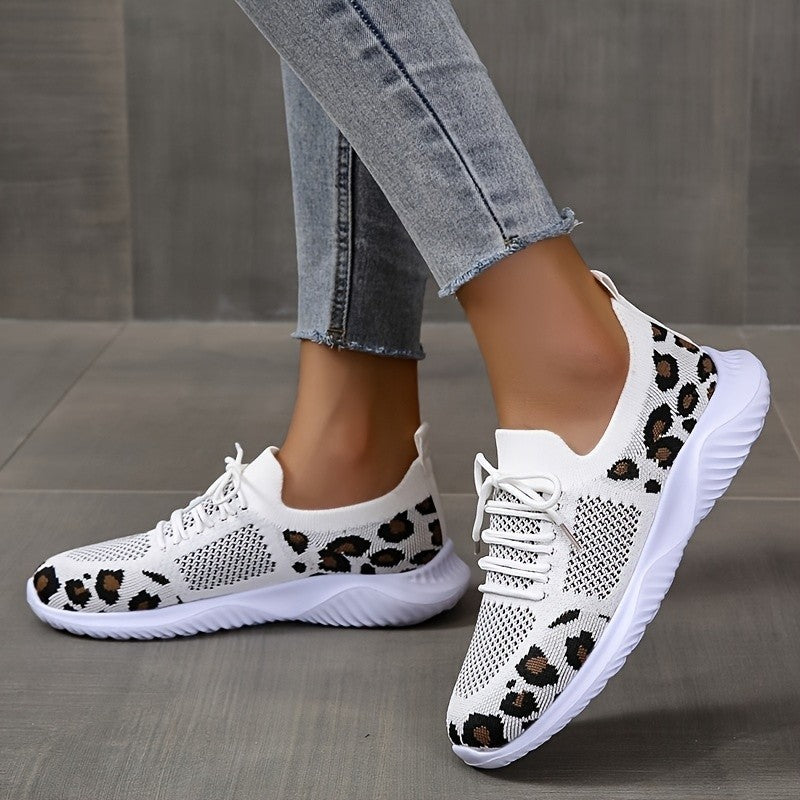 Women’s White Sneakers – Leopard Print Lace-Up Sports Shoes White Shoes Women Leopard Print Lace-up | Ectron Online
