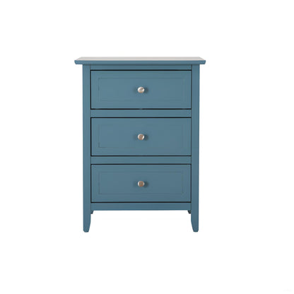 Teal bedside table with three drawer fronts and round knobs, slim tapered legs