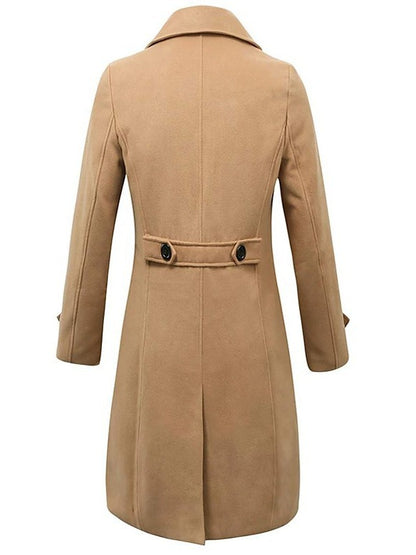 Men's long wool coat, tan back view with waist tab and center vented hem
