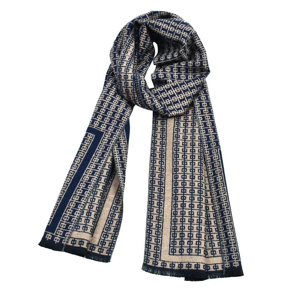 Double-sided knitted scarf in navy with gold lattice-like pattern and dark border